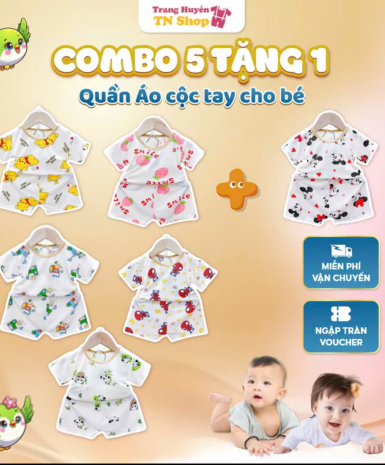 Combo 5 bộ ( Tặng 1 bộ) quần áo cộc tay chất tăm cho bé từ 5kg - 16kg