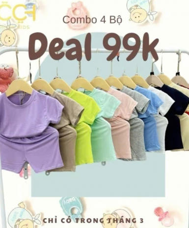 Combo 4 bộ thun lạnh mầu trơn cộc tay cho bé từ 7-16kg